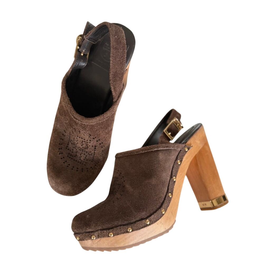 Tory Burch Brayden Suede Slingback Clogs, rich brown suede, wooden block heel.